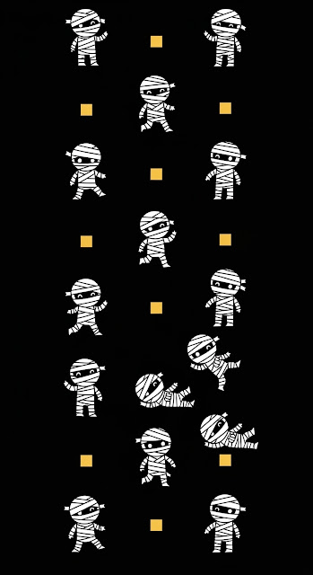 Minimalist Vertical Seamless Pattern of Cute Cartoon Mummies on a Black Background - Free mobile Wallpaper