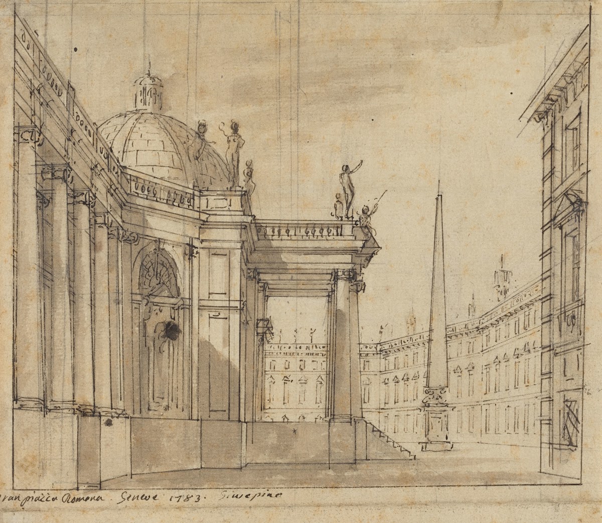 Stage Design  A Piazza with a Domed Church and an Obelisk 1783