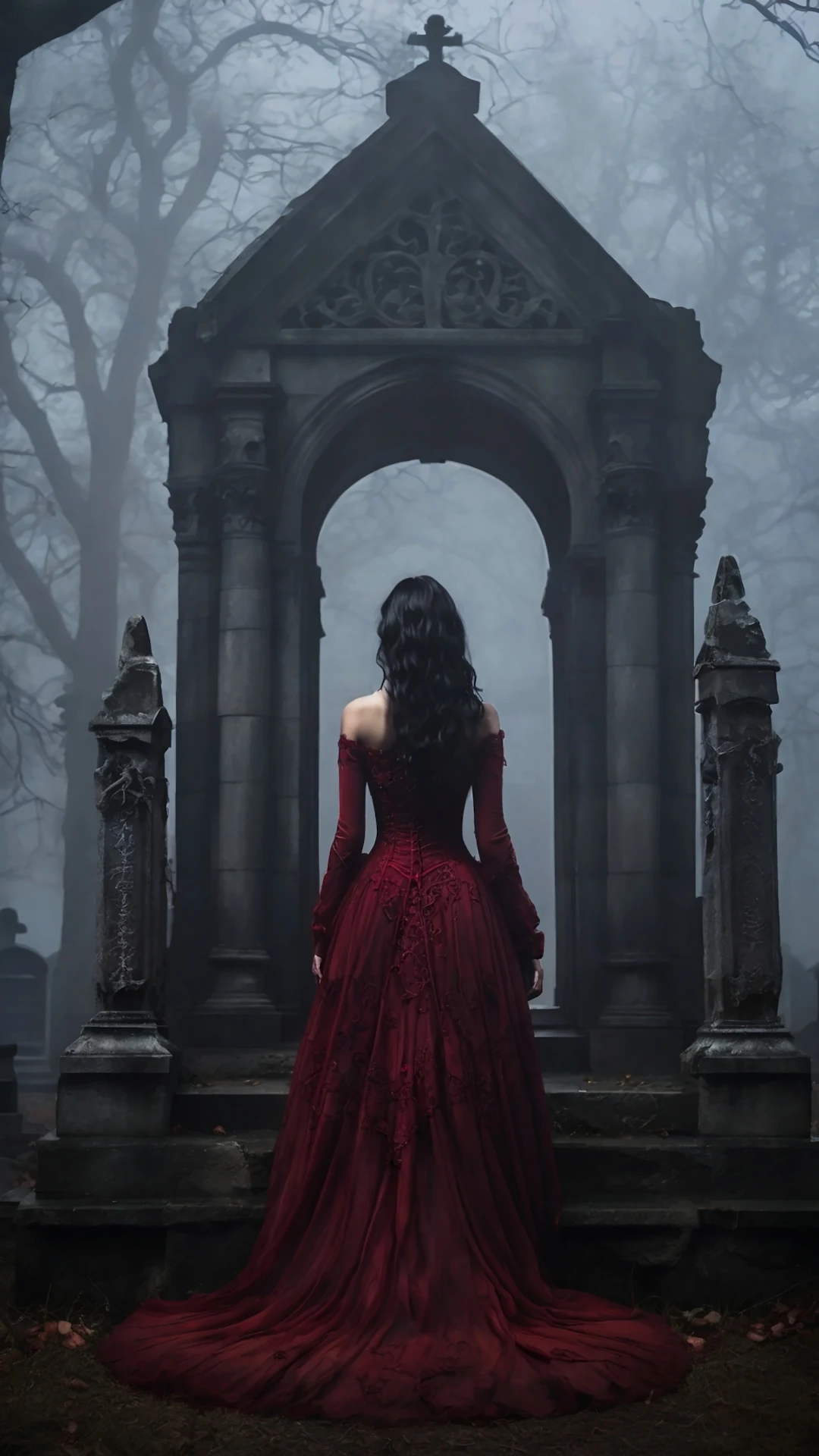 Woman in Red Gown Standing Before Gothic Arch in Misty Graveyard - Free 4K mobile Wallpaper