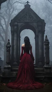 Woman in Red Gown Standing Before Gothic Arch in Misty Graveyard