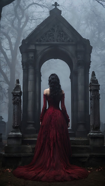 Woman in Red Gown Standing Before Gothic Arch in Misty Graveyard - Free mobile Wallpaper