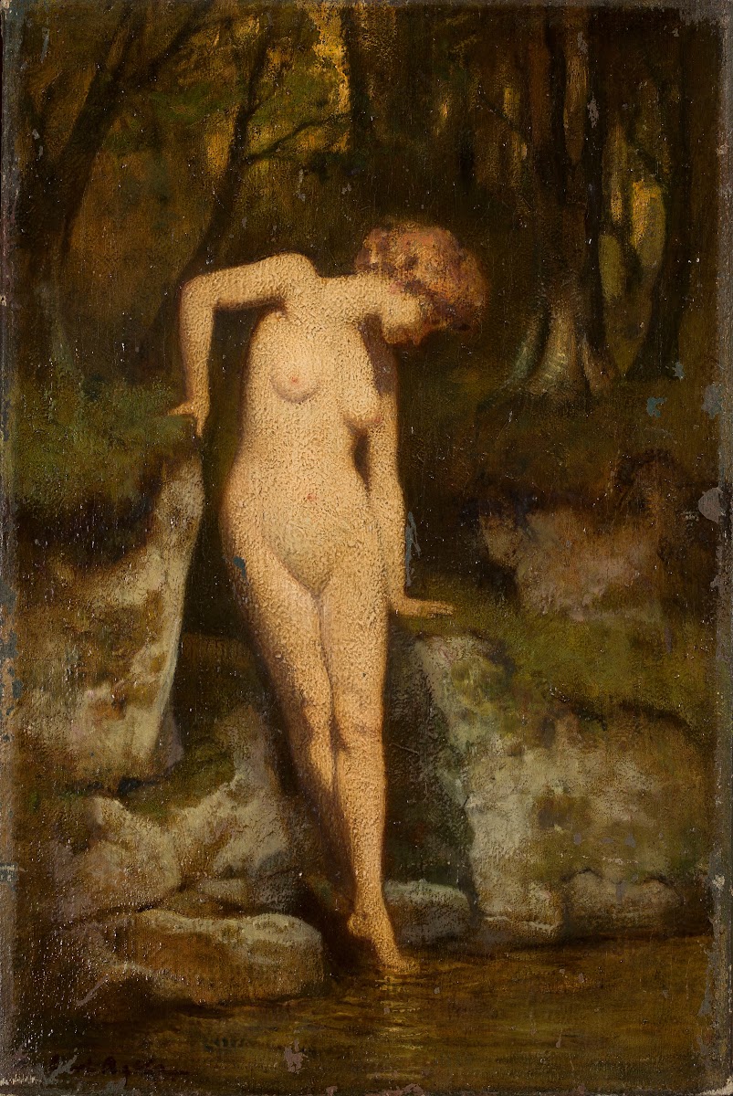 Female nude against landscape
