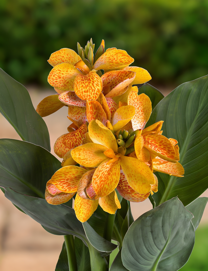 Canna indica Amalia con fiori arancio vivaci e foglie verdi brillanti in primo piano