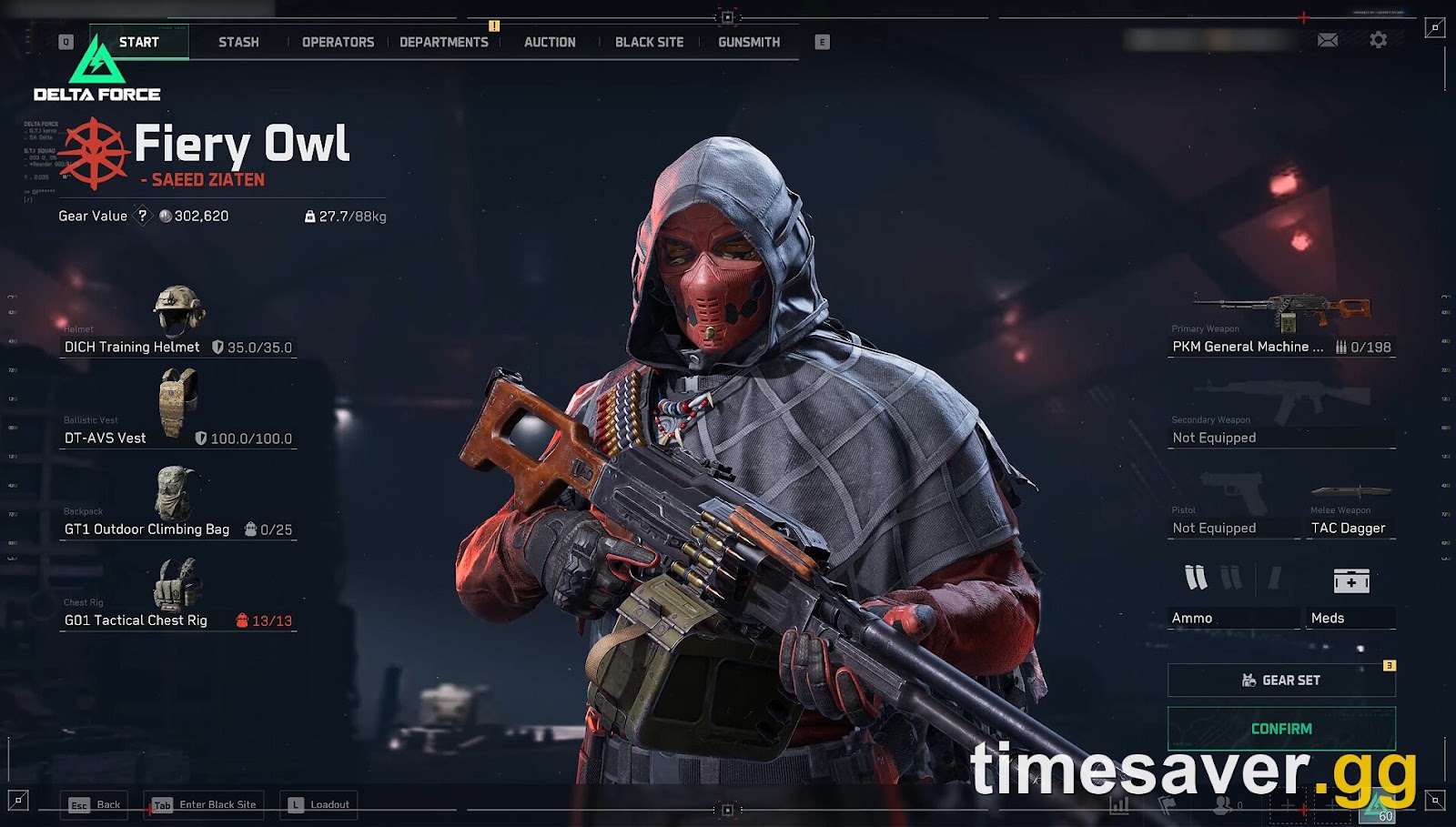Delta Force Operations loadout screen showing an operator, gear value and the Auction and Black Site tabs where Delta Tickets and Tekniq Alloys are spent
