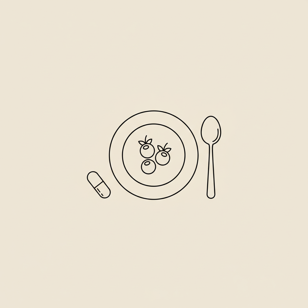 Minimalist line illustration of a plate with spoon, capsule and berries on a beige background representing weight loss shakes and a supplement.