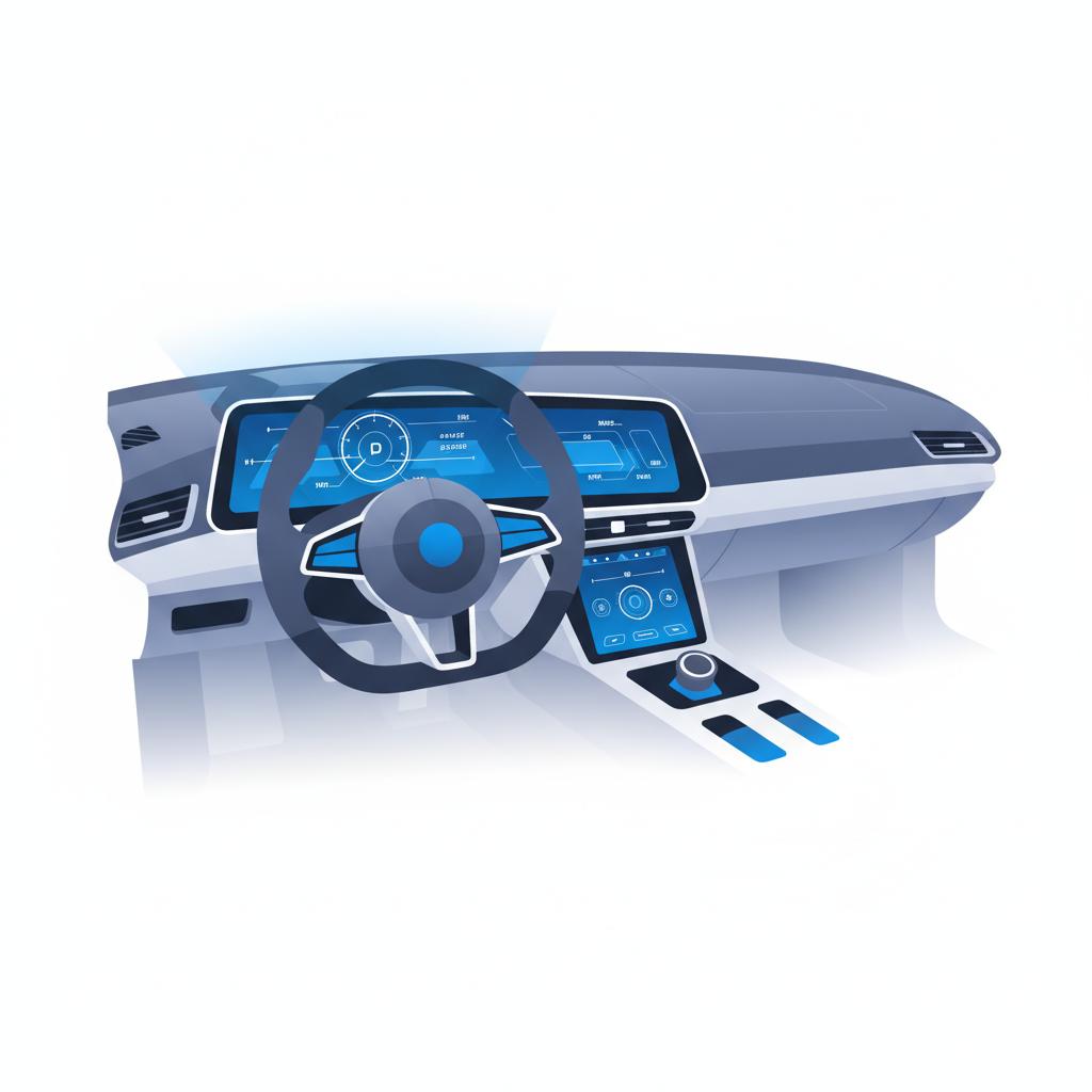 Minimalist 2D vector cockpit interior inspired by a bmw i8 for sale showing an illuminated instrument cluster and clean dashboard in white and CarFax Deals blue