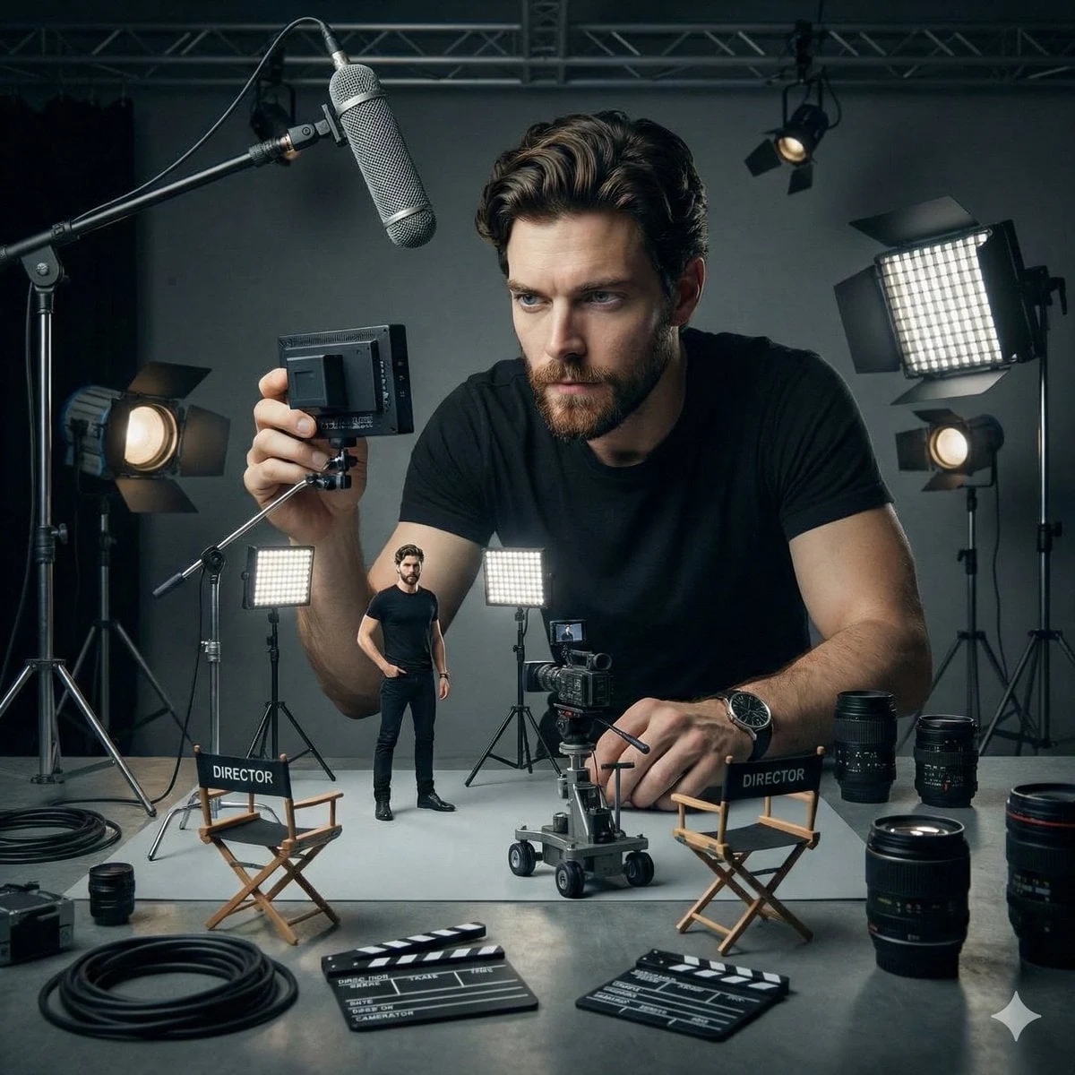 Escena cinematográfica ultrarrealista de una mujer supervisando un set de filmación en miniatura detrás de cámaras protagonizadas por...