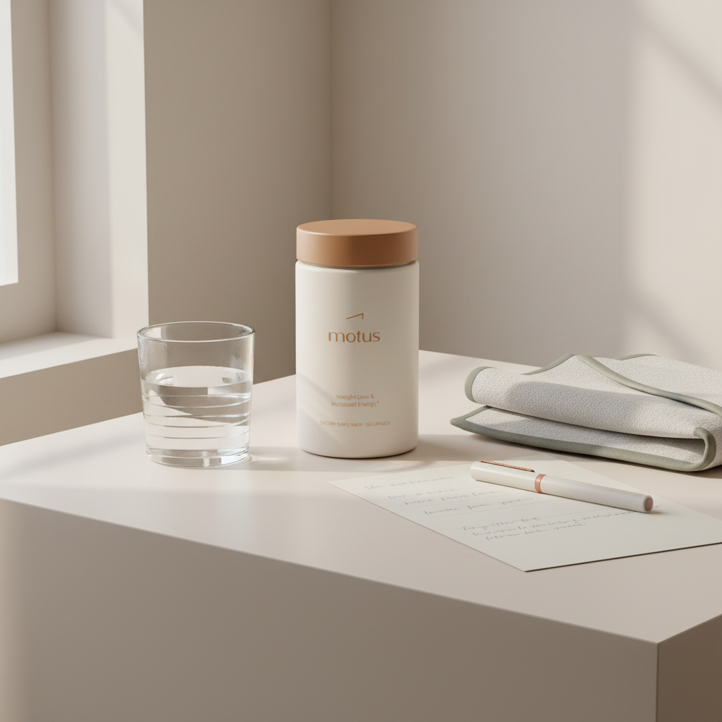 How do I check my metabolism? Tonum Motus supplement jar on a bedside table with a glass of water, folded towel and paper log with pen in a minimalist morning routine scene.