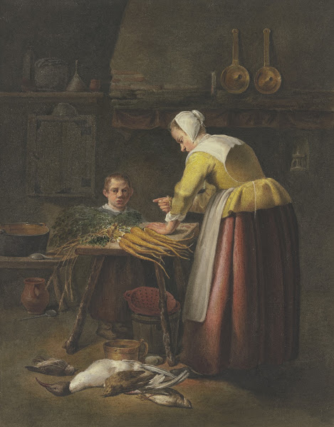 Frau und Kind in der Küche bei Karotten und Geflügel