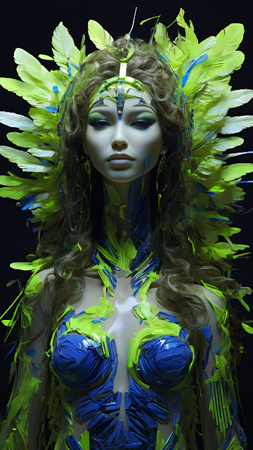 Neon Green Feathered Goddess Warrior Portrait Art - Free mobile Wallpaper