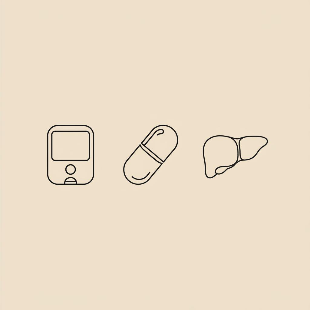 Minimal Tonum-style line illustration of a capsule, simple glucose meter, and stylized liver on beige background for berberine results timeline