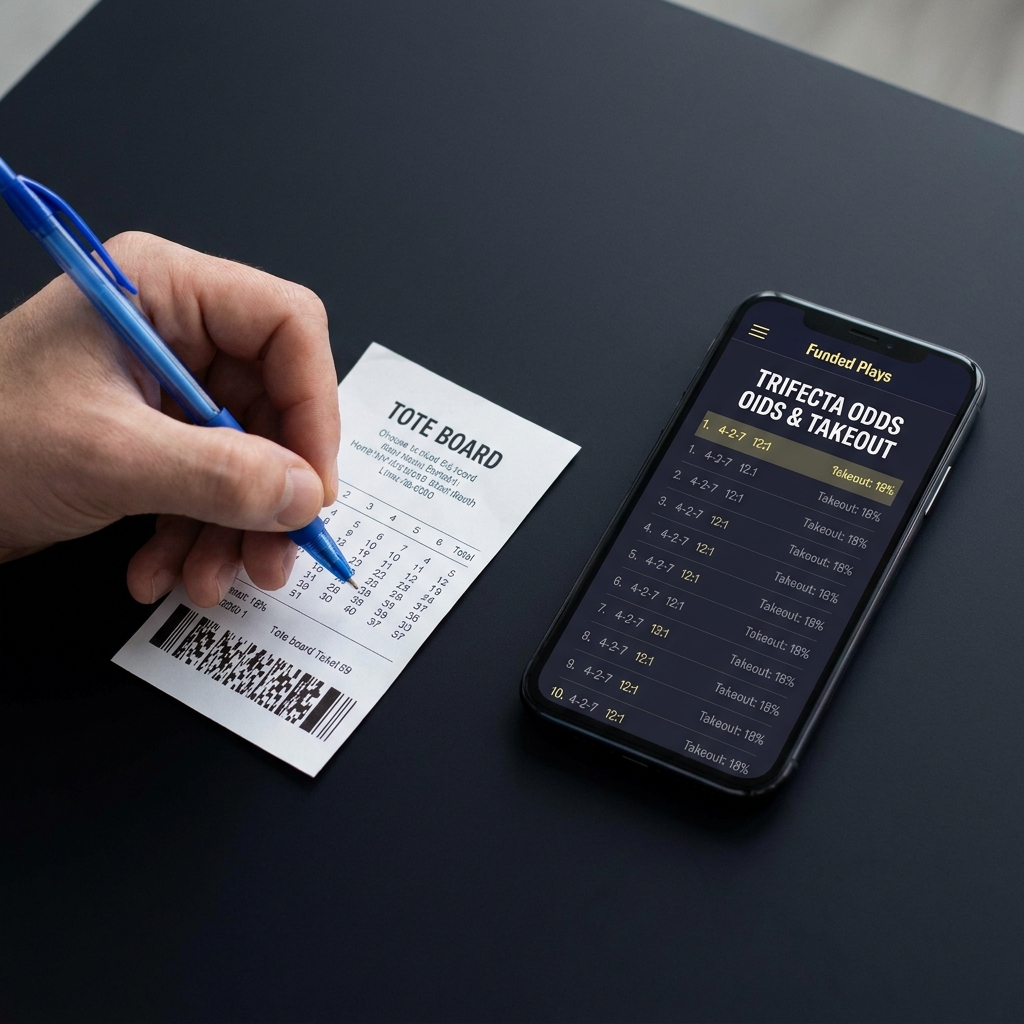 Close up of a hand filling a tote board ticket next to a smartphone displaying odds and takeout menu for betting a trifecta in Funded Plays colors