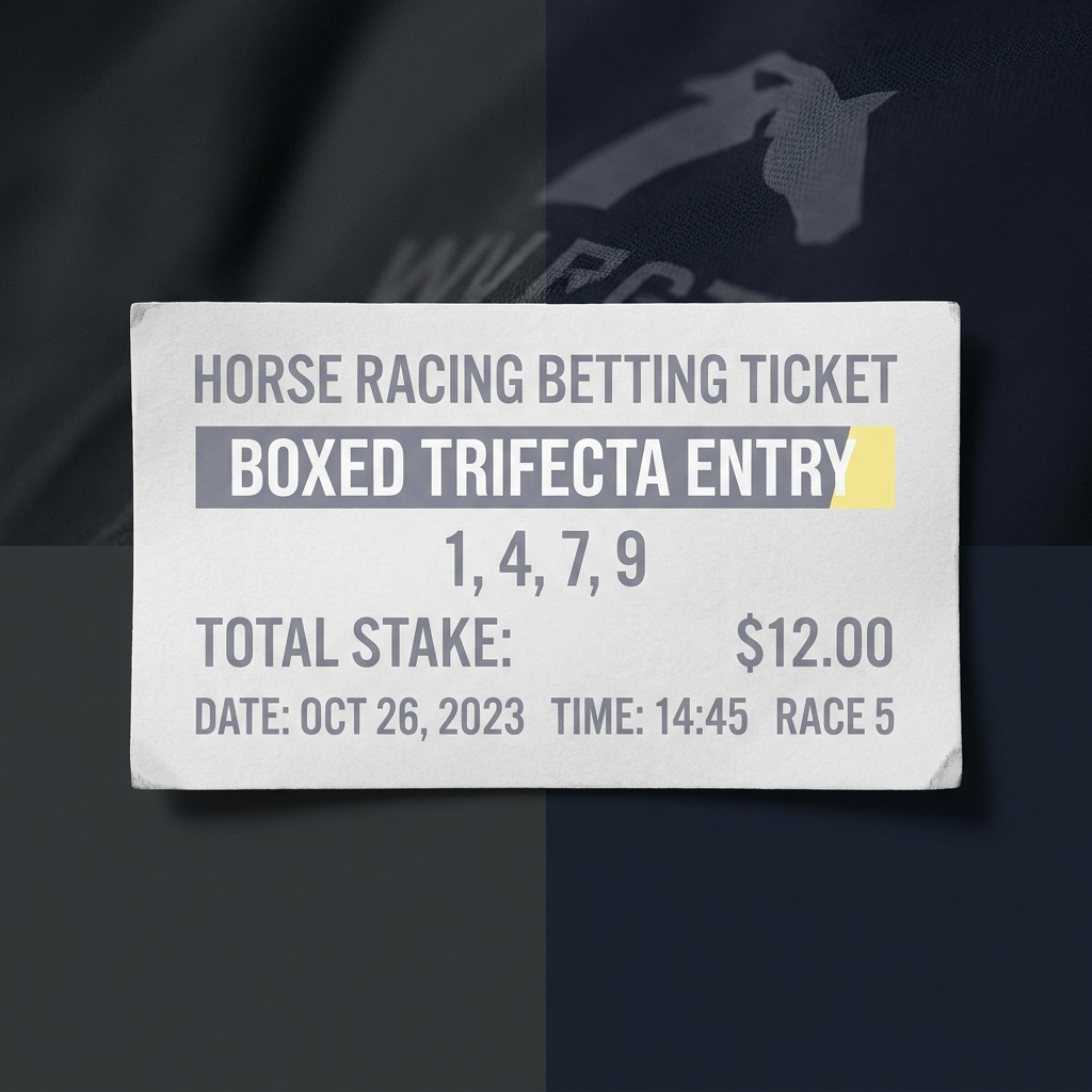 Close up of a betting ticket showing a boxed trifecta entry with legible numbers and cost details on a dark minimalist Funded Plays background 5 horse trifecta box cost