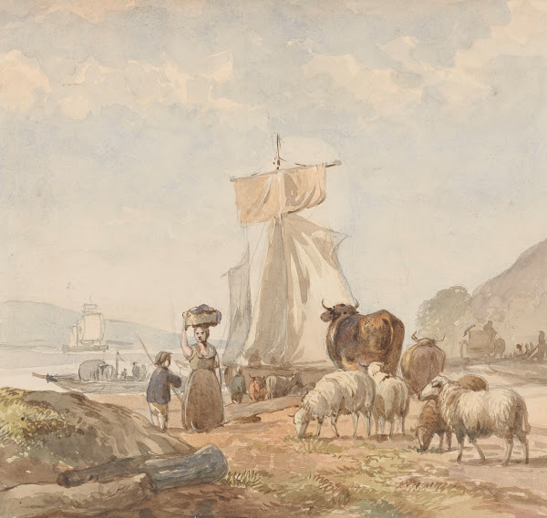Figuren met vee bij rivieroever met veerboot 1845   1925
