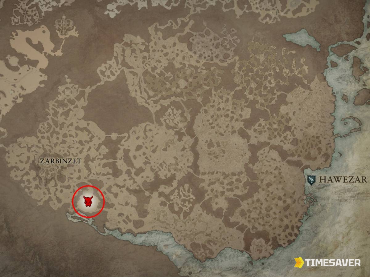 Diablo 4 Corrupted Reaper location map — the Season 14 Lair Boss spawn circled southwest of Zarbinzet in Hawezar, near the World Boss Arena