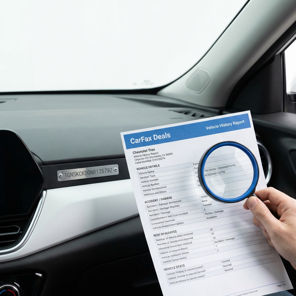 Close up of hand holding vehicle history report and magnifying glass next to chevrolet trax car VIN on dashboard in a clean minimalist white layout