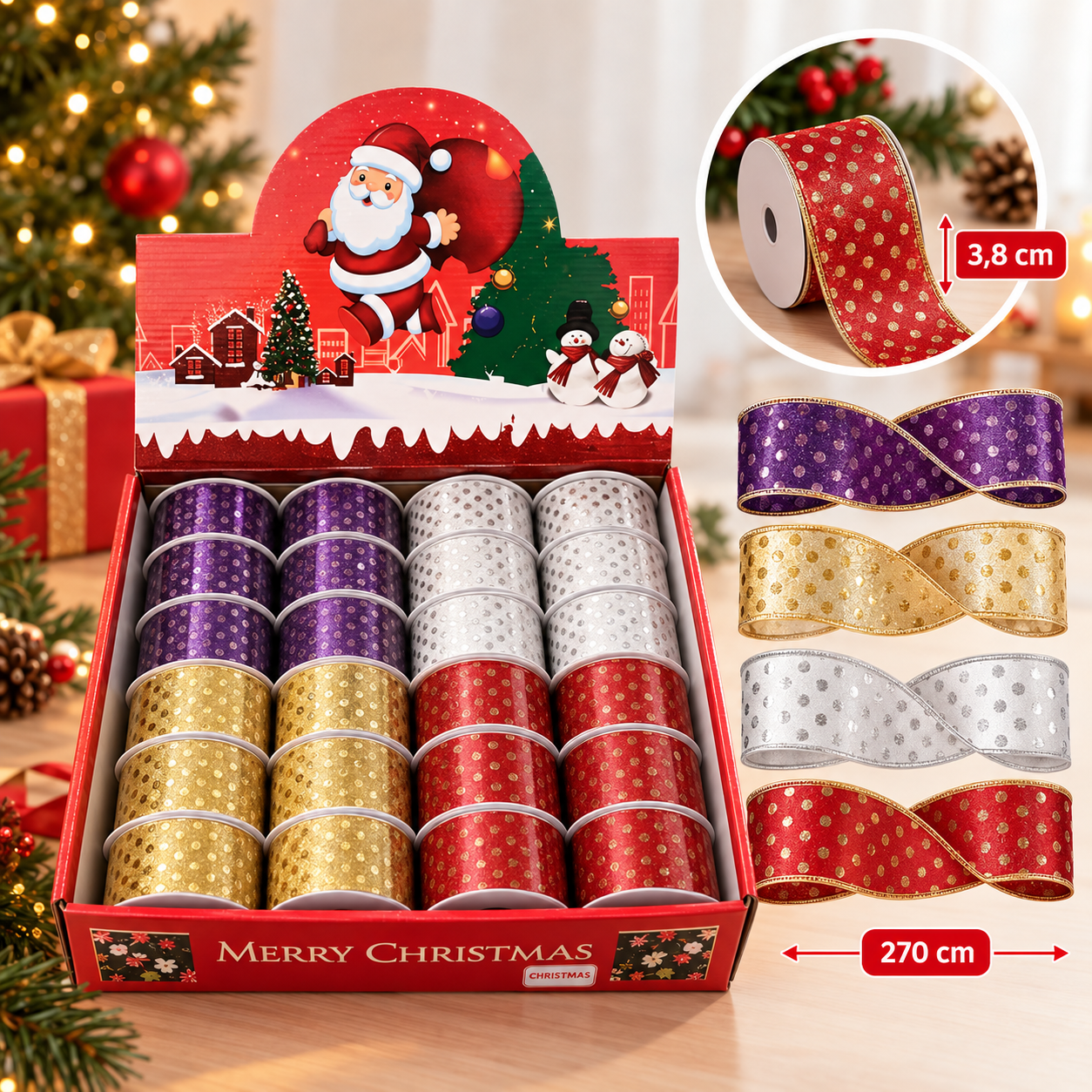 Cinta decorativa navideña con brillos 3,8 cm x 2,7 m