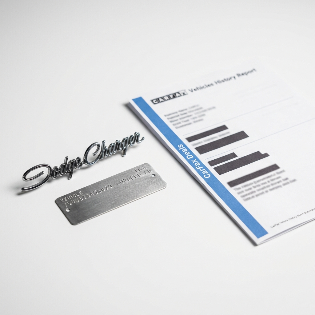 Close up of Dodge Charger badge and VIN plate next to a printed vehicle history report on white background with CarFax Deals blue accents used chargers near me