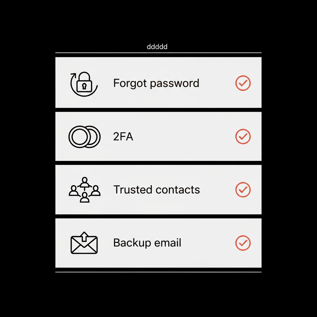 Minimal recovery checklist infographic for can't get into my Facebook account showing steps: Forgot password, 2FA, Trusted contacts, Backup email on a black background.