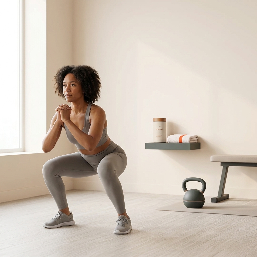 Midlife adult in a bright home gym performing a controlled squat with a Tonum Motus supplement jar visible on a shelf - exercise after 40 to boost metabolism.
