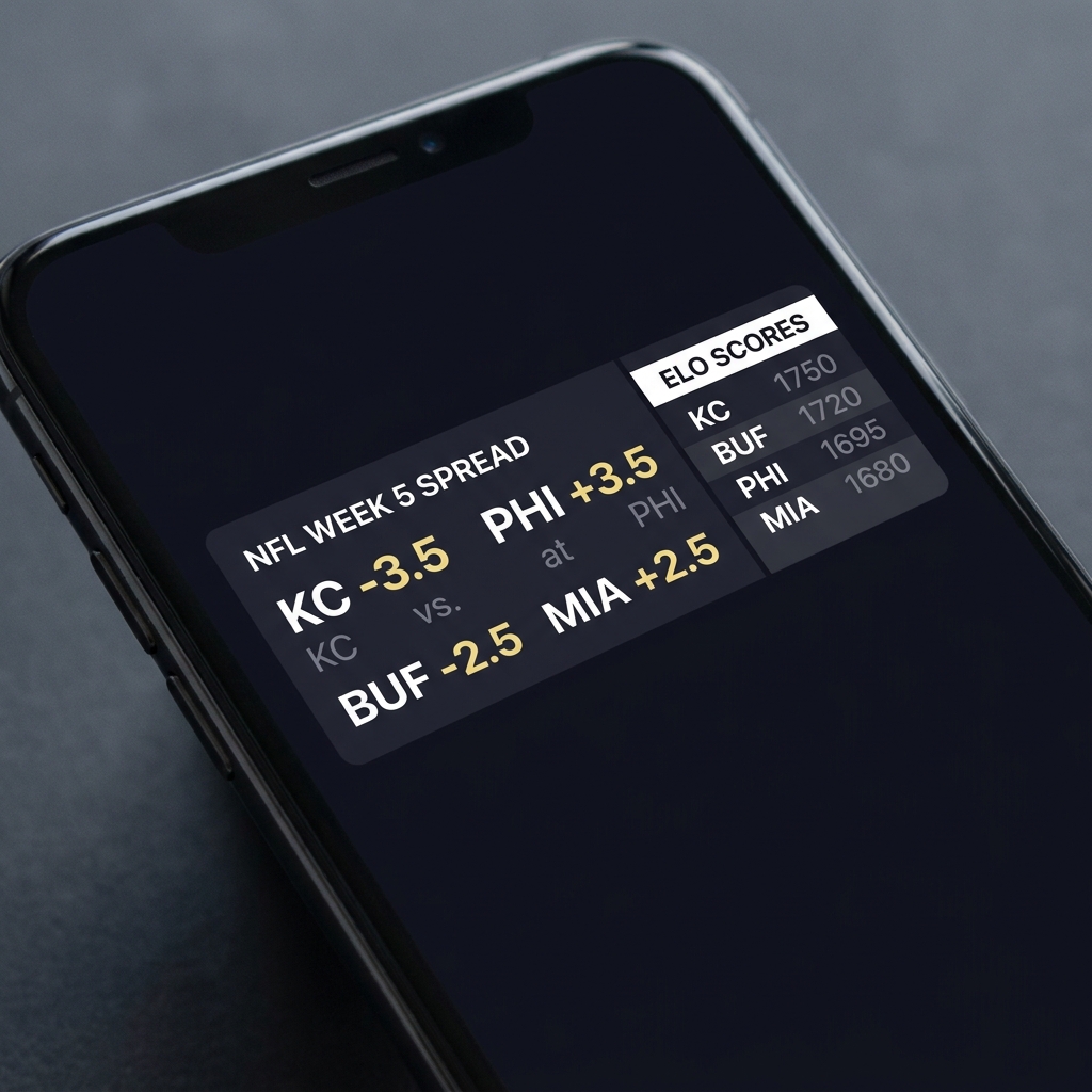 Close up smartphone display showing a posted NFL point spread and a small table of team Elo scores in a minimalist Funded Plays style user interface nfl spread tomorrow