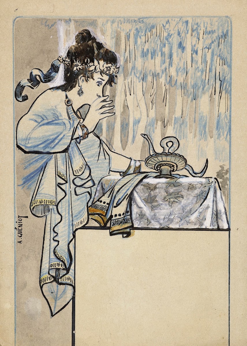 Jeune femme effrayée par un serpent sortant dun vase Cléopâtre