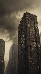 Dystopian Gritty Skyscraper Under Stormy Sepia Sky