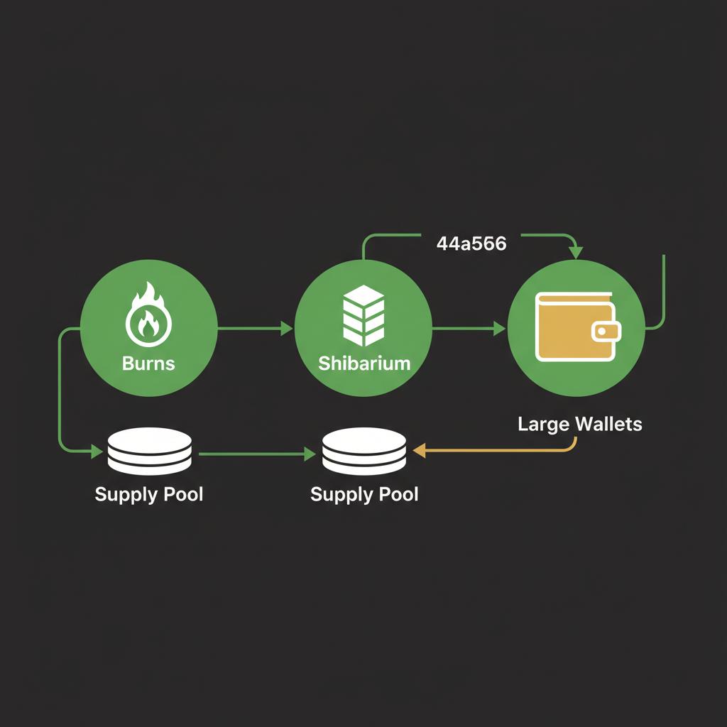 Minimalist 2D vector flow diagram showing how burns Shibarium and large wallets affect supply and demand for Shiba Inu coin buy shiba inu coin