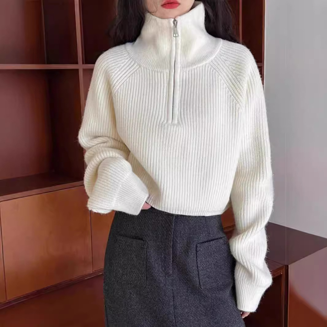 American Retro Knitted Pullover with Half Zipper