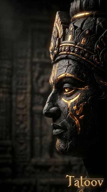 Dark Stone Sculpture Face with Gold Accents - Free mobile Wallpaper
