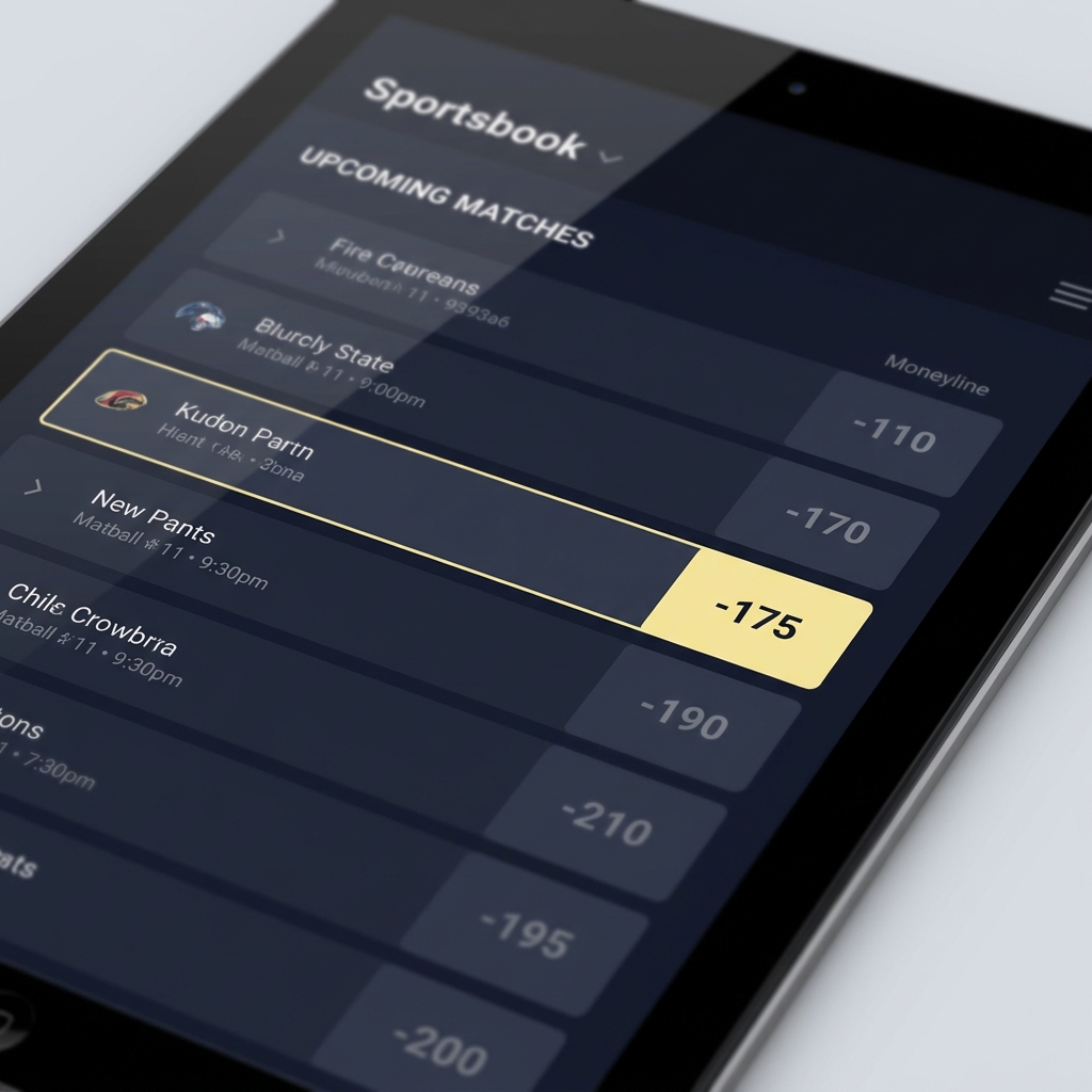 Close up sportsbook screen showing moneyline odds with a highlighted -175 price on a minimalist dark navy background in Funded Plays brand colors boxing fight odds tonight