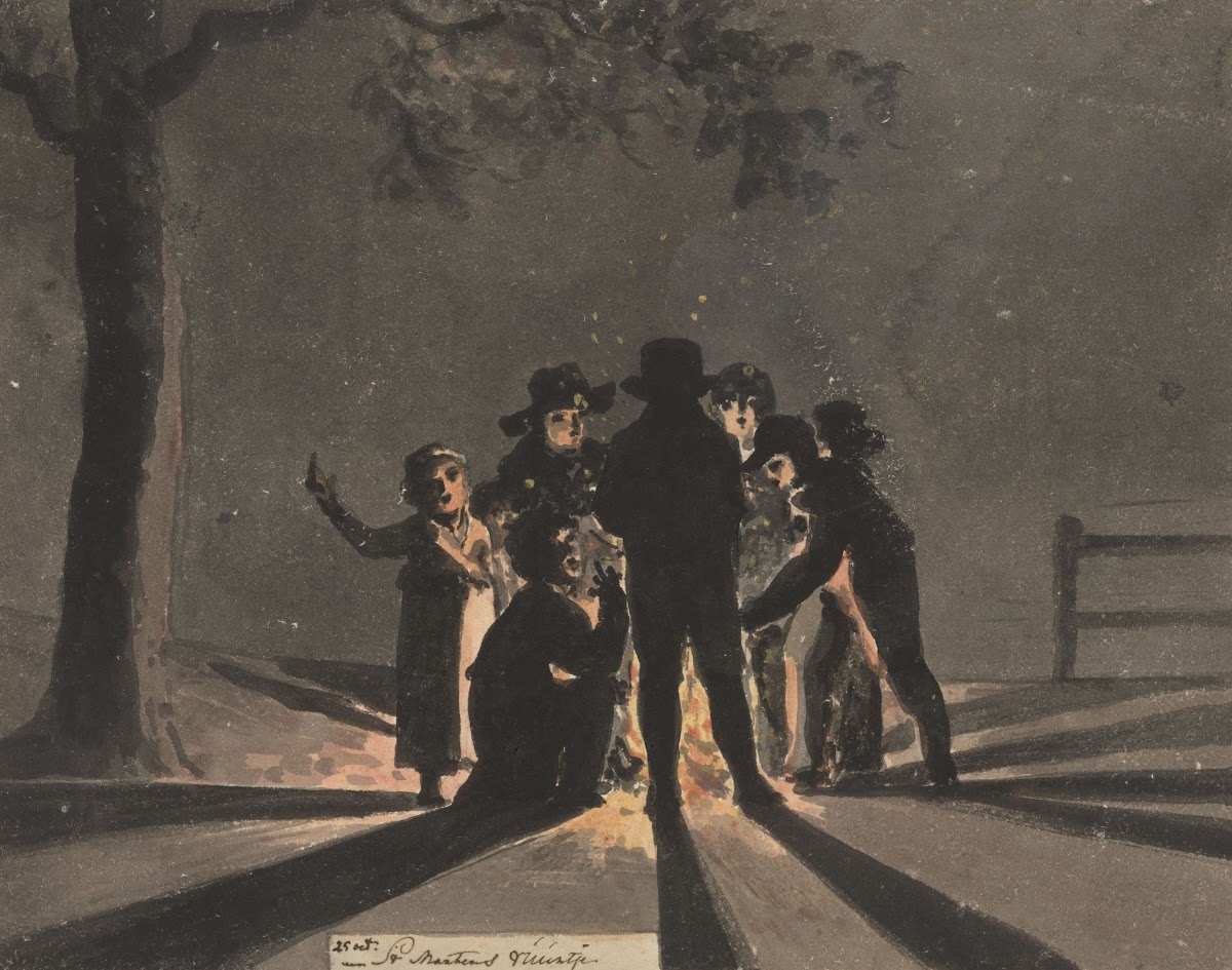 Children clustered around a Saint Martins bonfire 1805   1808