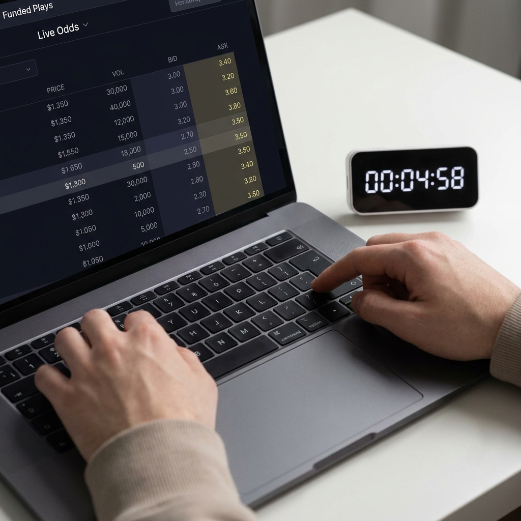 Close up laptop screen with live odds ladder and digital stopwatch hands poised to execute an order on a Funded Plays branded dark workspace What Is Live Sports Trading