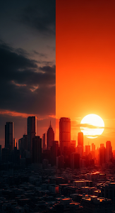 Vibrant Split Cityscape Illustration with Towering Skyscrapers Under a Massive Orange Sunset