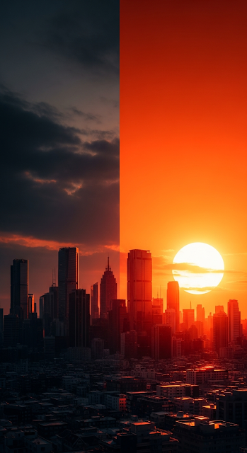 Vibrant Split Cityscape Illustration with Towering Skyscrapers Under a Massive Orange Sunset - Free mobile Wallpaper