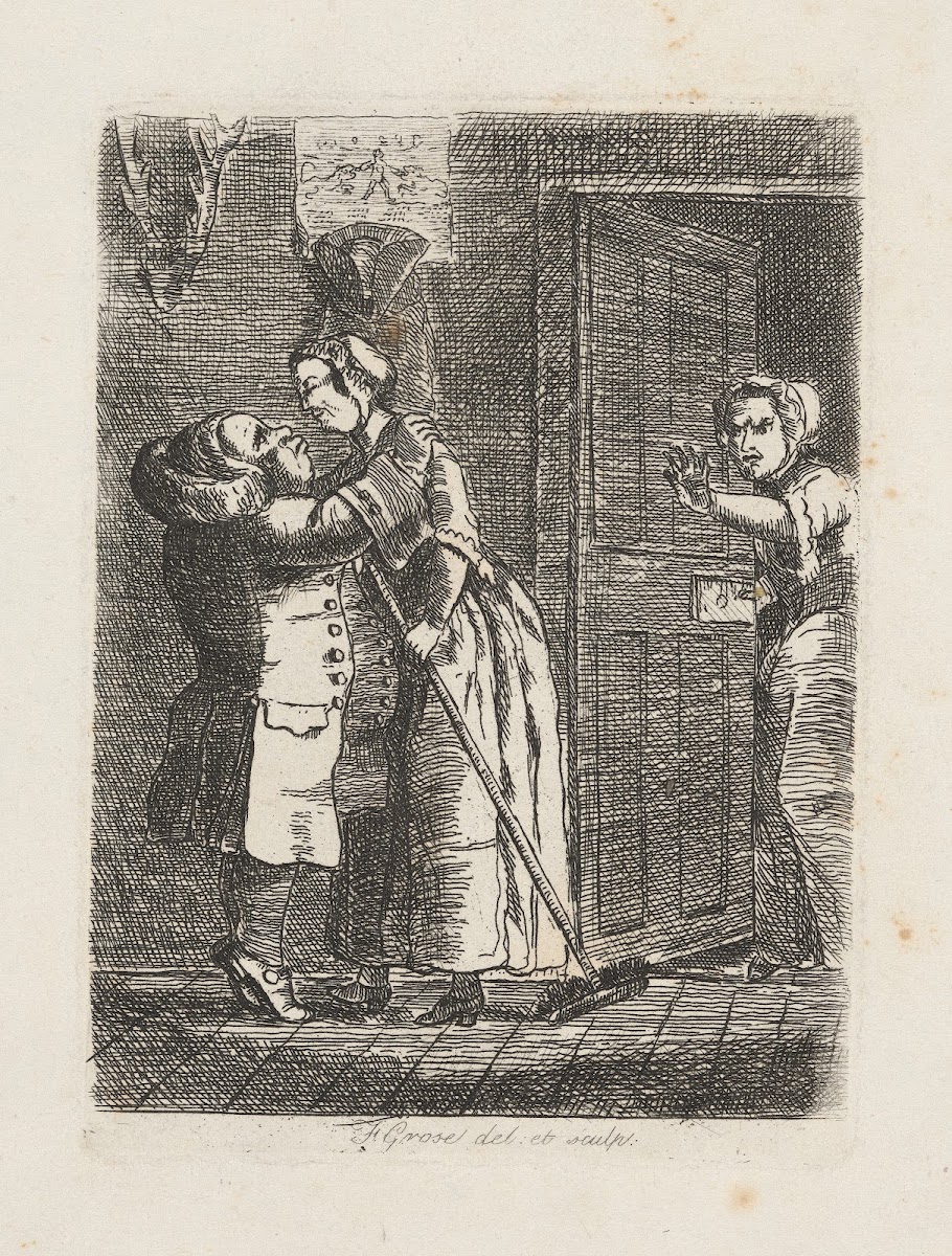 Husband kisses housekeeper as wife observes from bedroom door 1788