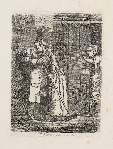 Husband kisses housekeeper as wife observes from bedroom door 1788