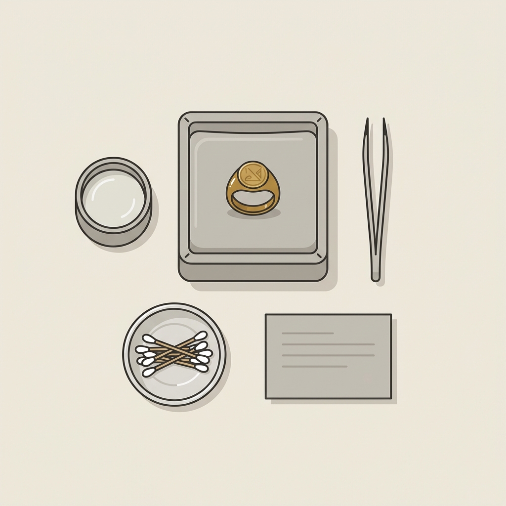 Minimalist 2D vector top down view of a conservator workspace with a cleaned ancient greek signet ring on a padded tray examined with a magnifying loupe tweezers and blank notes in Aurora Antiqua palette