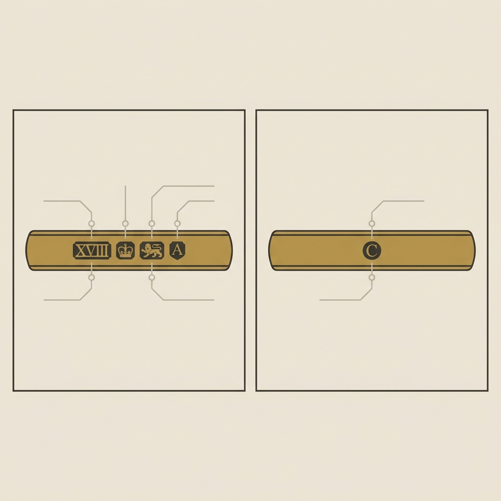 gold ring roman numerals inner band comparison showing one band with a clear sequence of hallmarks including roman numerals and one band with a lone letter minimalist vector on warm beige