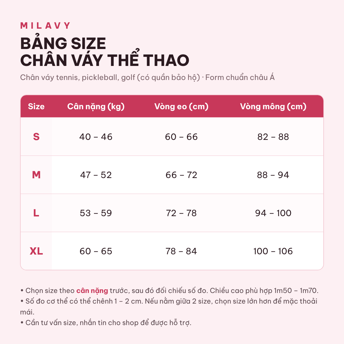 Bảng size Chân váy