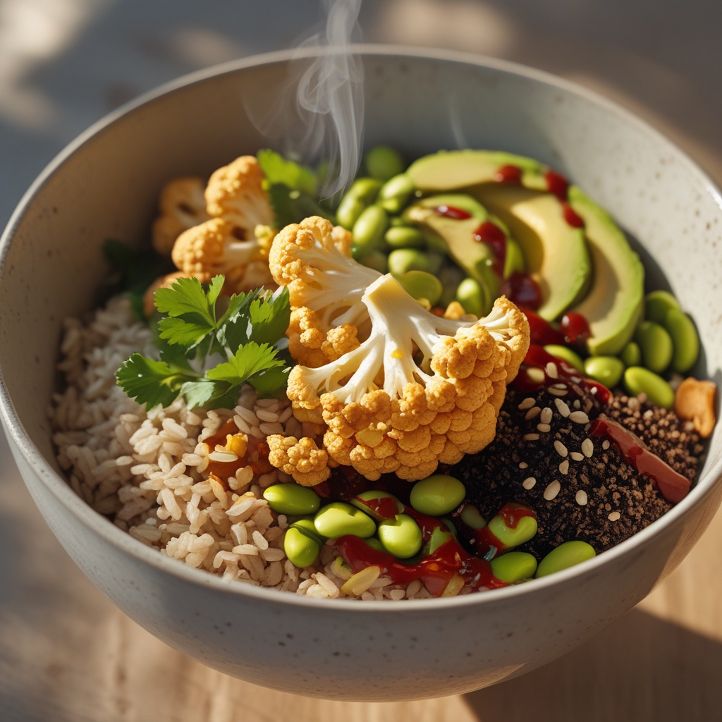 Final Crispy Gochujang Cauliflower & Edamame Protein Power Bowl with Peanut-Lime Drizzle