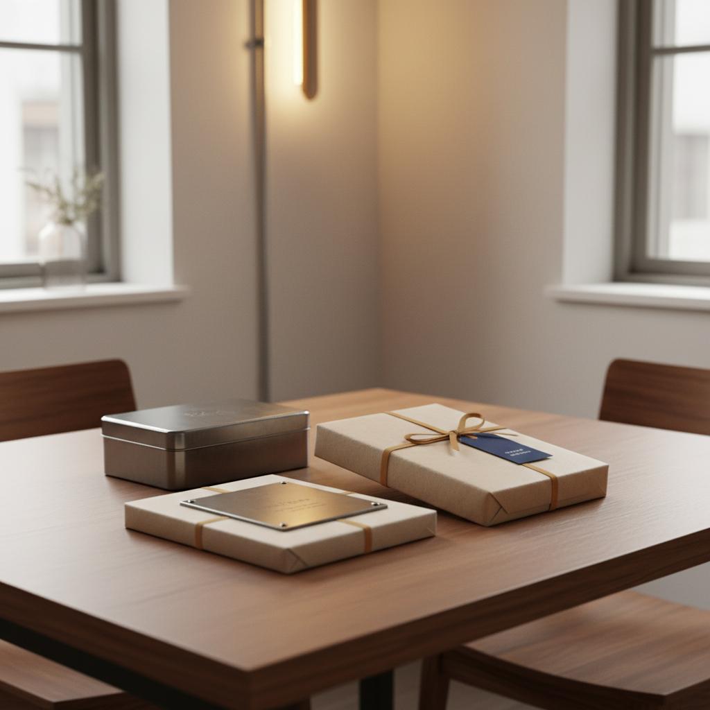 Nahaufnahme eines Esstisches mit sorgfältig verpackten Geschenken, Metallbox und personalisierter Metallplakette – Geschenk zur Praxiseröffnung in warmem, industriellem Ambiente