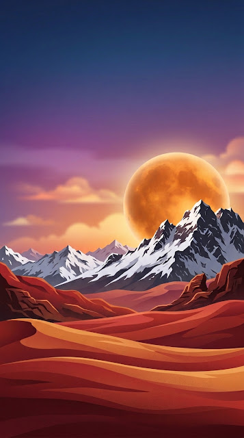 Surreal Orange Moon Over Snowy Mountains Illustration - Free mobile Wallpaper