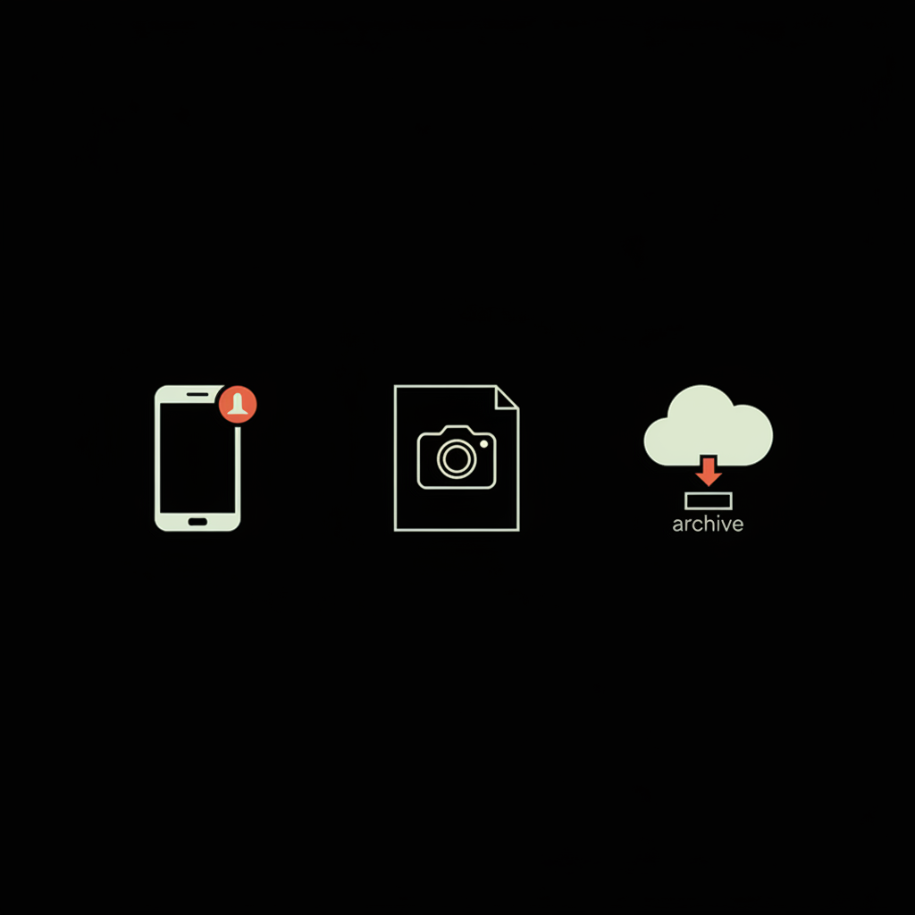 Minimal full-frame vector infographic on black background showing a phone notification, screenshot icon, and cloud archive symbol in Social Success Hub palette for deleted Google reviews.