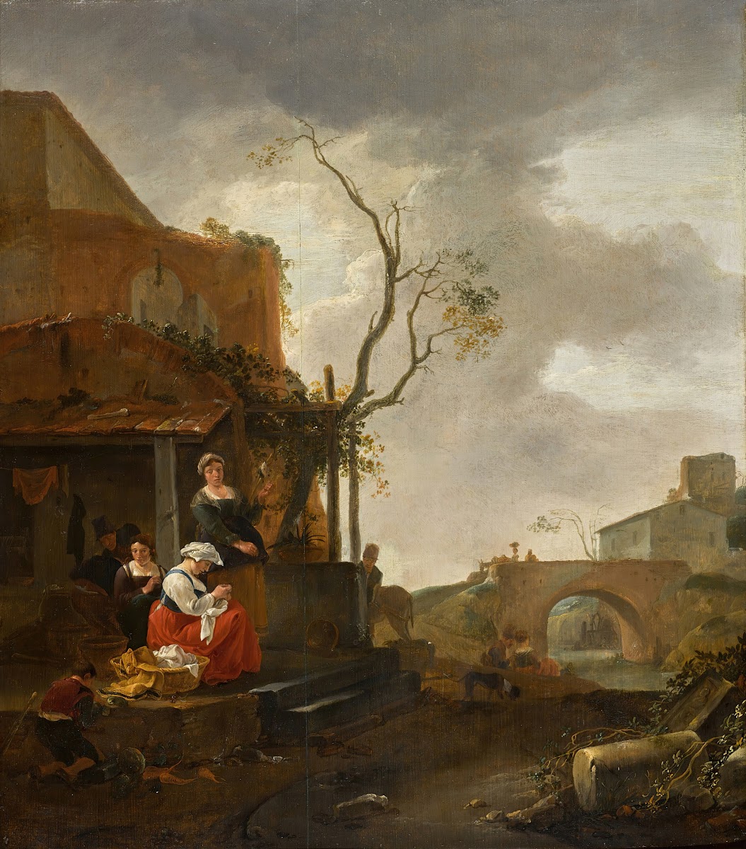 Figures outside a tavern with a woman sewing travellers on a bridge beyond