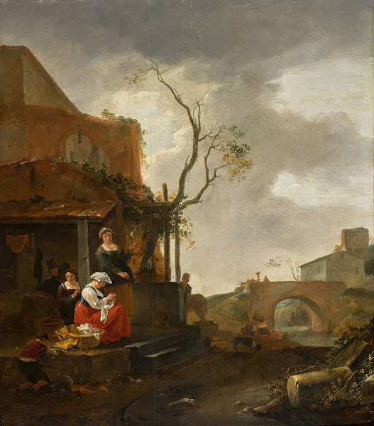 Figures outside a tavern with a woman sewing travellers on a bridge beyond