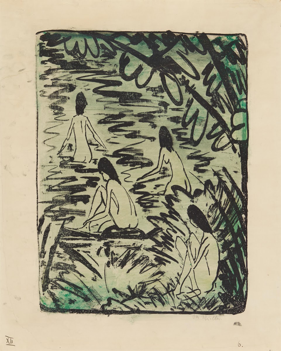 Zwei badende und zwei am Ufer sitzende Mädchen 1919