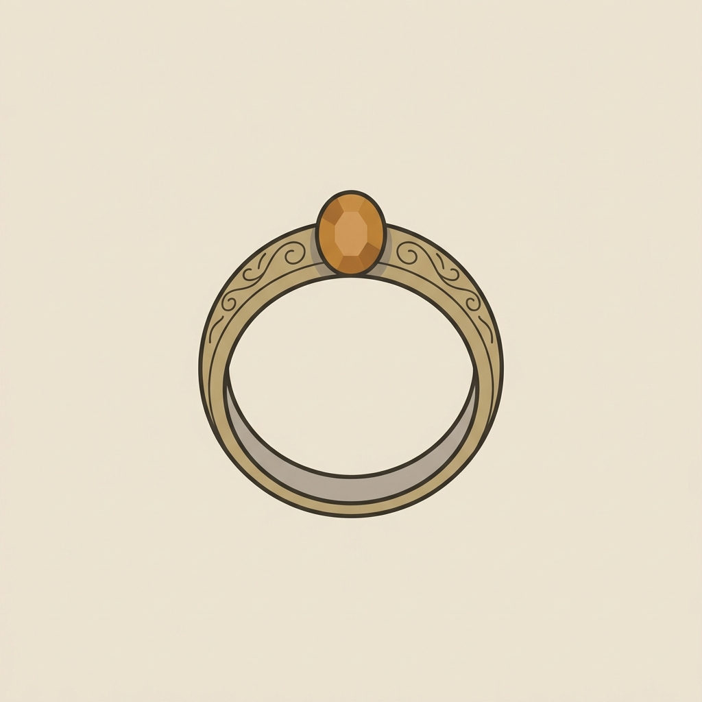 Minimalist 2D vector illustration of an antique widows ring centered on soft beige background in Aurora Antiqua palette ede7da c2bdb6 34332e ae8339