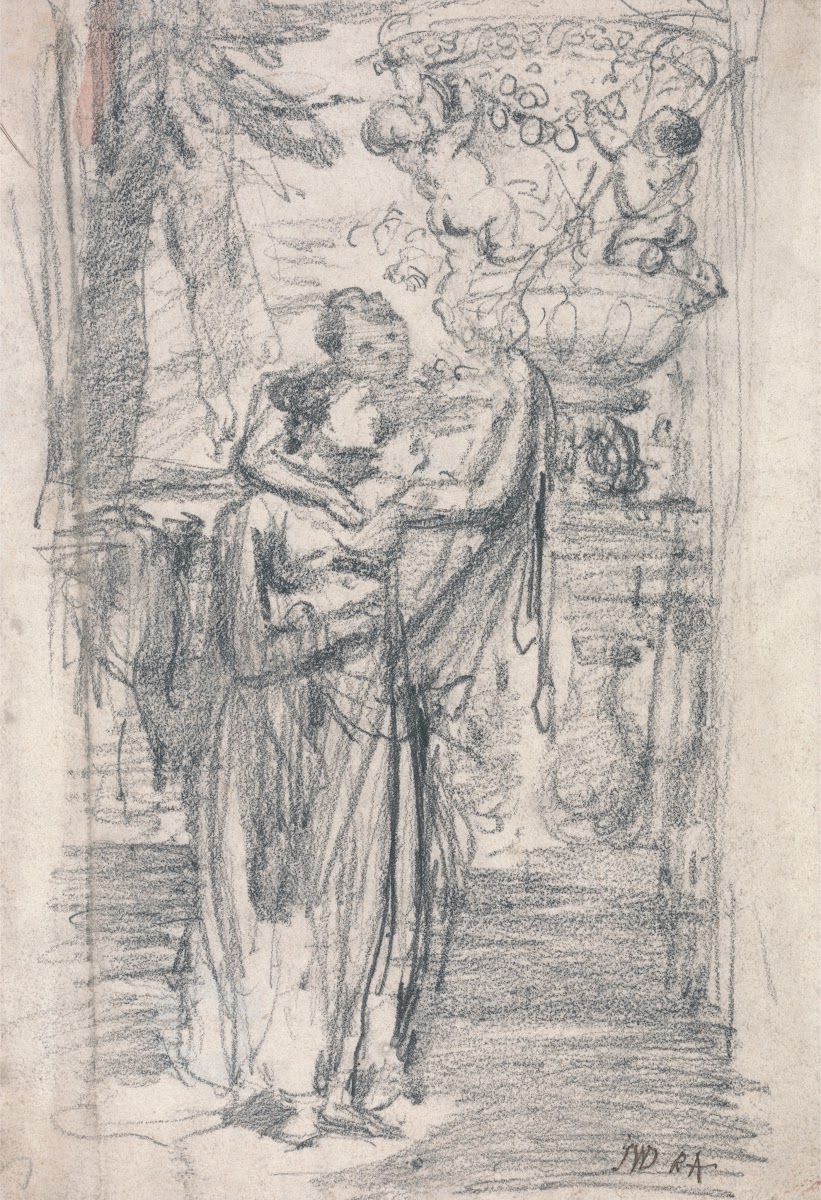 Two Girls or Lady and Child on a Garden Terrace near an Ornamental Urn