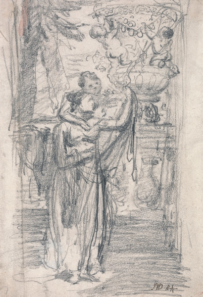 Two Girls or Lady and Child on a Garden Terrace near an Ornamental Urn